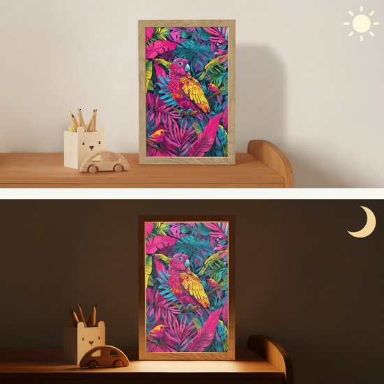 Nachtlampje 20x30 cm - Kinder lampje - Papegaai - Tropisch - Jungle - Kleurrijk - Tafellamp kinderkamer - Slaapkamer lamp - Bedlamp kinderen - Kinderlampje stopcontact - Wandlamp babykamer - Nachtlampjes van Merkloos — afbeelding 4