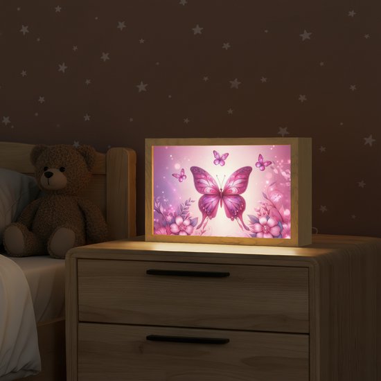Nachtlampje 30x20 cm - Kinder lampje - Vlinder - Roze - Bloemen - Tafellamp kinderkamer - Slaapkamer lamp - Bedlamp kinderen - Kinderlampje stopcontact - Wandlamp babykamer - Nachtlampjes van Merkloos — afbeelding 2