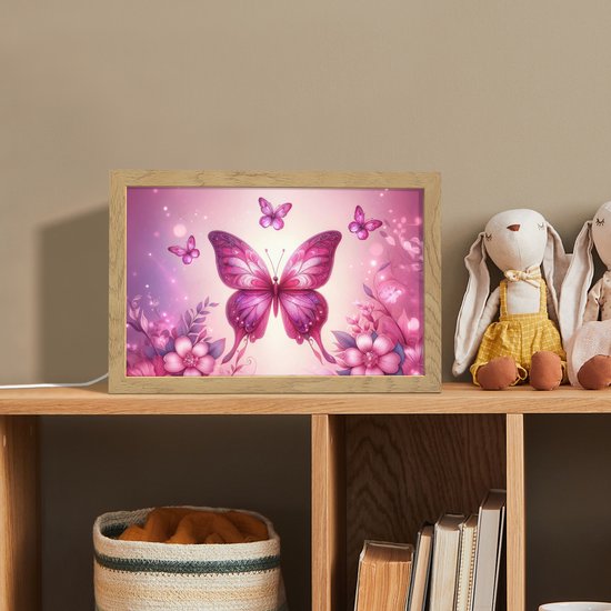 Nachtlampje 30x20 cm - Kinder lampje - Vlinder - Roze - Bloemen - Tafellamp kinderkamer - Slaapkamer lamp - Bedlamp kinderen - Kinderlampje stopcontact - Wandlamp babykamer - Nachtlampjes van Merkloos — afbeelding 3