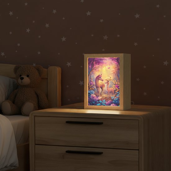Nachtlampje 15x20 cm - Kinder lampje - Paard - Hert - Sprookjesbos - Paars - Tafellamp kinderkamer - Slaapkamer lamp - Bedlamp kinderen - Kinderlampje stopcontact - Wandlamp babykamer - Nachtlampjes van Merkloos — afbeelding 2