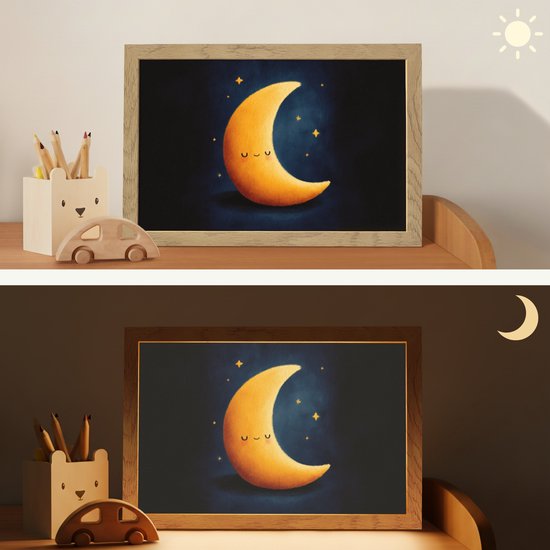 Nachtlampje 30x20 cm - Kinder lampje - Maan - Geel - Sterren - Gezichtje - Tafellamp kinderkamer - Slaapkamer lamp - Bedlamp kinderen - Kinderlampje stopcontact - Wandlamp babykamer - Nachtlampjes van Merkloos — afbeelding 4