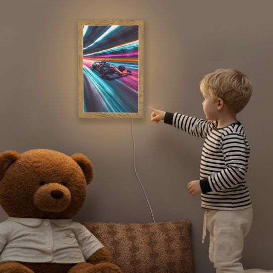 Nachtlampje 20x30 cm - Kinder lampje - Racen - Auto - Race - Jongens - Kleurrijk - Tafellamp kinderkamer - Slaapkamer lamp - Bedlamp kinderen - Kinderlampje stopcontact - Wandlamp babykamer - Nachtlampjes van Merkloos — afbeelding 5