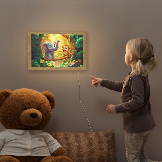 Nachtlampje 30x20 cm - Kinder lampje - Olifant - Appje - Jungle - Kleurrijk - Tafellamp kinderkamer - Slaapkamer lamp - Bedlamp kinderen - Kinderlampje stopcontact - Wandlamp babykamer - Nachtlampjes van Appje — afbeelding 5