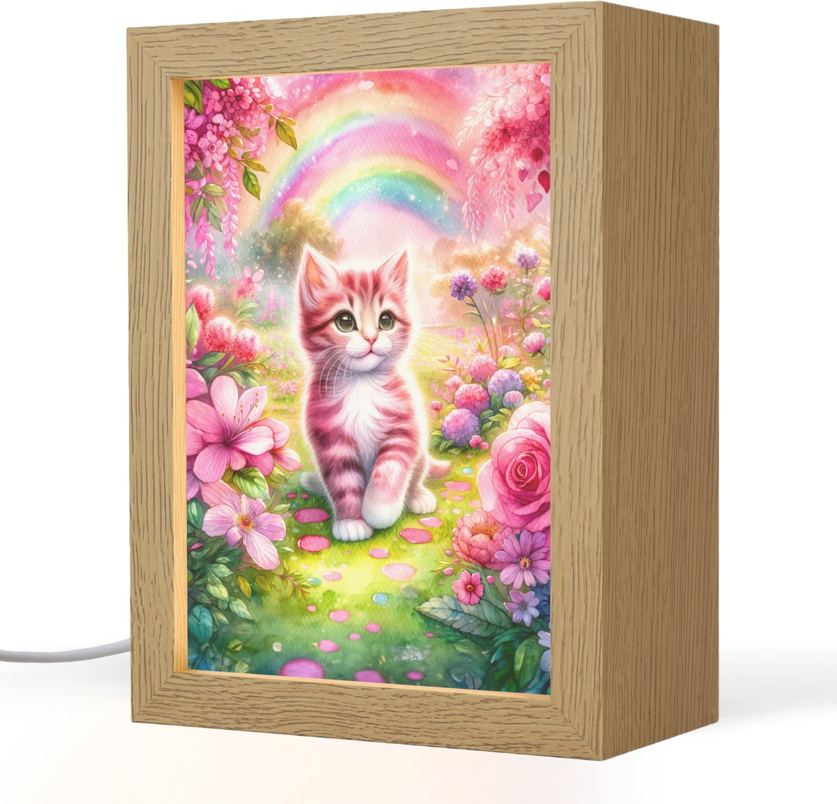 Nachtlampje 15x20 cm - Kinder lampje - Kitten - Roze - Kat - Regenboog - Bloemen - Tafellamp kinderkamer - Slaapkamer lamp - Bedlamp kinderen - Kinderlampje stopcontact - Wandlamp babykamer - Nachtlampjes