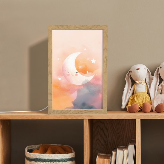 Nachtlampje 20x30 cm - Kinder lampje - Maan - Gezichtje - Sterren - Roze - Tafellamp kinderkamer - Slaapkamer lamp - Bedlamp kinderen - Kinderlampje stopcontact - Wandlamp babykamer - Nachtlampjes van OnlyWow — afbeelding 3
