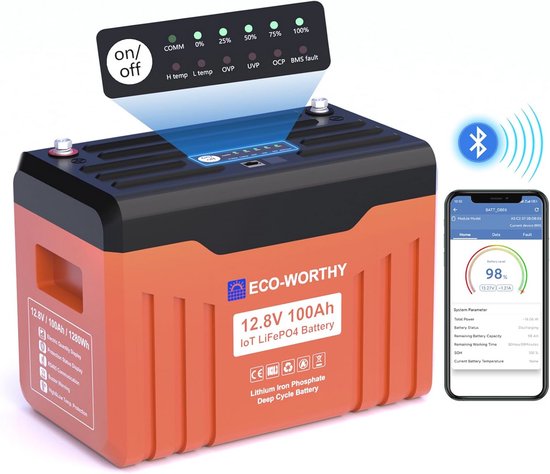 LiFePO4 12V 100Ah Accu met BMS - Lithium Batterij voor Zonnepanelen en Vaartuigen