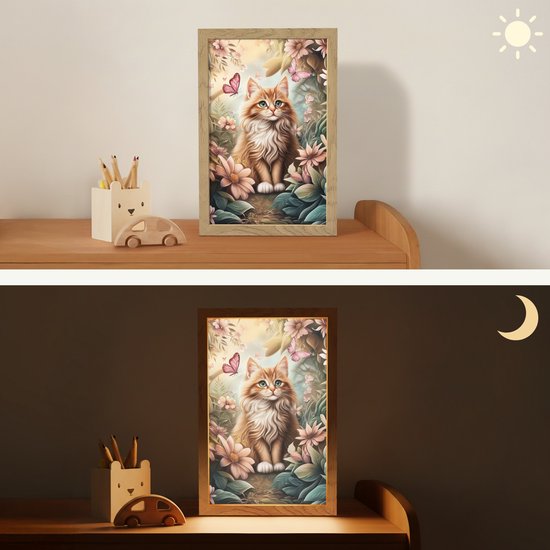 Nachtlampje 20x30 cm - Kinder lamp - Kat - Bloemen - Vlinders - Roze - Tafellamp kinderkamer - Slaapkamer lamp - Bedlamp kinderen - Kinderlampje stopcontact - Wandlamp babykamer - Nachtlampjes van Merkloos — afbeelding 4