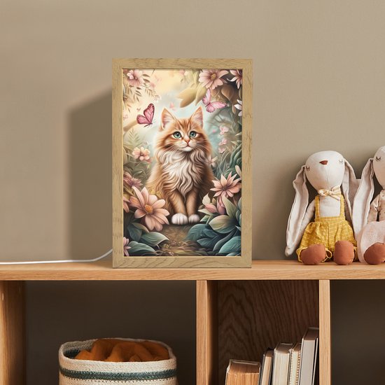Nachtlampje 20x30 cm - Kinder lamp - Kat - Bloemen - Vlinders - Roze - Tafellamp kinderkamer - Slaapkamer lamp - Bedlamp kinderen - Kinderlampje stopcontact - Wandlamp babykamer - Nachtlampjes van Merkloos — afbeelding 3