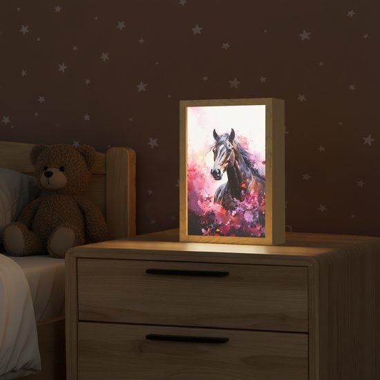 Nachtlampje 20x30 cm - Kinder lampje - Paard - Dieren - Meisje - Roze - Tafellamp kinderkamer - Slaapkamer lamp - Bedlamp kinderen - Kinderlampje stopcontact - Wandlamp babykamer - Nachtlampjes van Merkloos — afbeelding 2