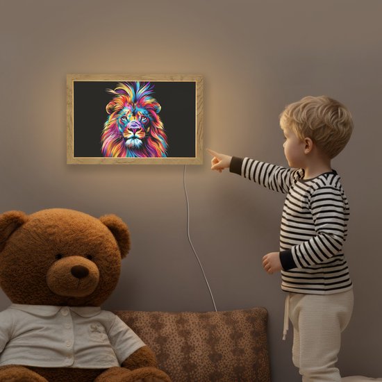 Nachtlampje 30x20 cm - Kinder lampje - Leeuwen - Kleurrijk - Zwart - Dieren - Tafellamp kinderkamer - Slaapkamer lamp - Bedlamp kinderen - Kinderlampje stopcontact - Wandlamp babykamer - Nachtlampjes van Merkloos — afbeelding 5