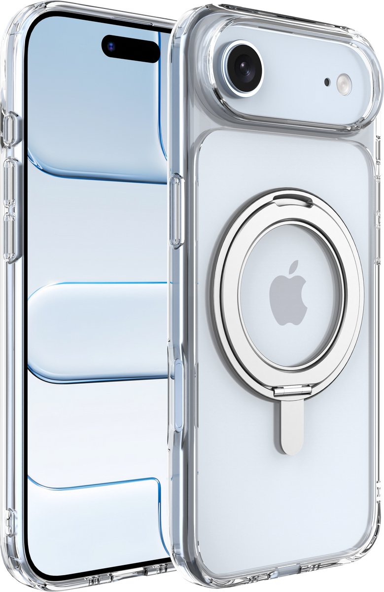 Hoesje Geschikt voor iPhone 17 Pro - Anti-Val Technologie - Geschikt voor MagSafe - 360 Graden Draaibare Reovo Telefoonhouder standaard - Transparant