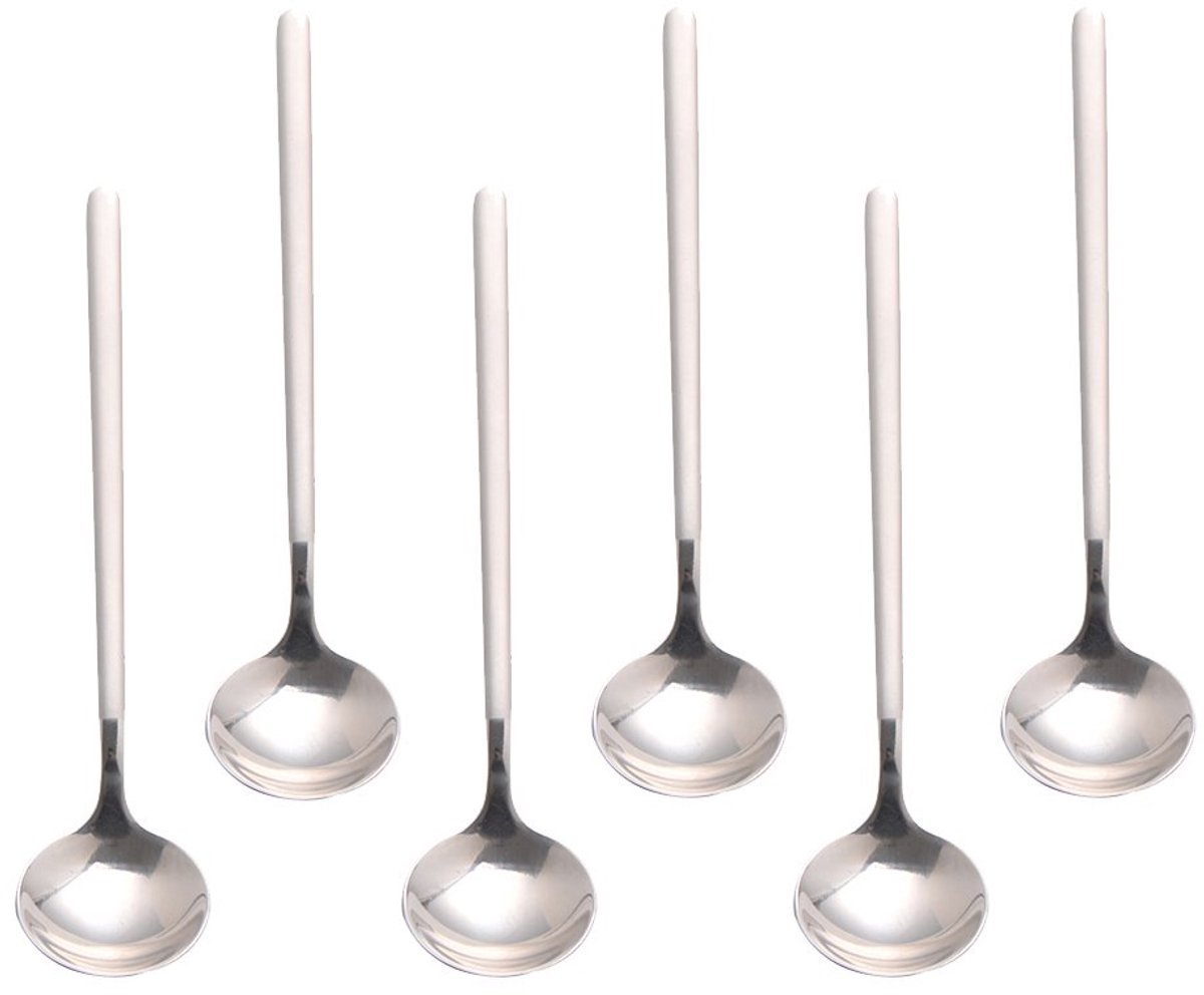 6 lange lepels – 304RVS - Kleine ronde lepel - Latte macchiato – Dessertlepels set – 13cm – IJslepels - Theelepels - zilver