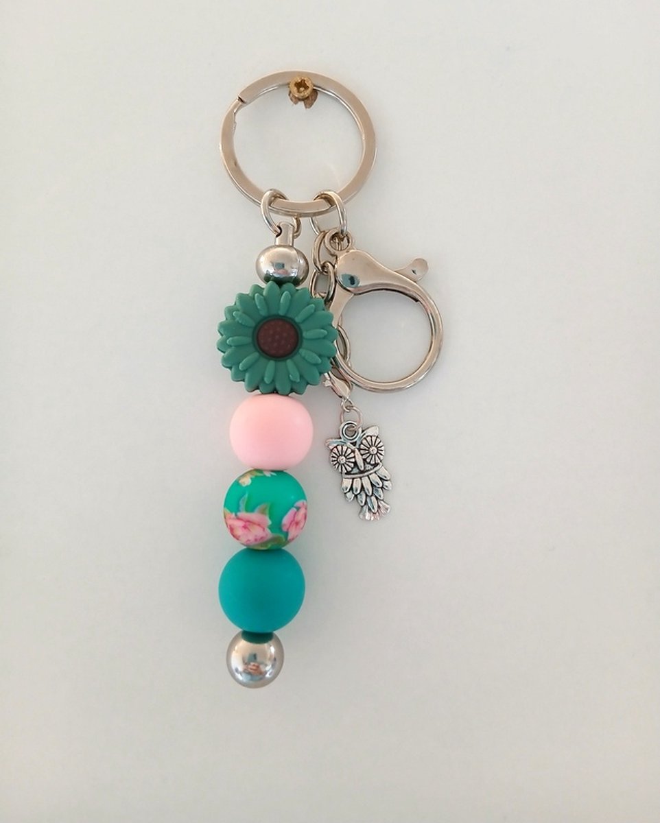 Sleutelhanger, tashanger met kralen | bloem, uil | teal, roze