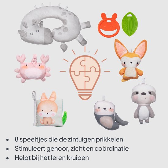 Acht zachte knuffels met dierendesigns: giraffe, nijlpaard, vos, zeehond, luiaard en krab.