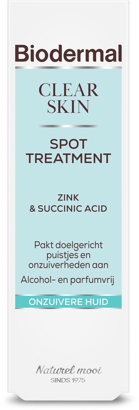 Witte Biodermal Clear Skin Spot Treatment doosje met blauw label. ZINK & SUCCINIC ACID.