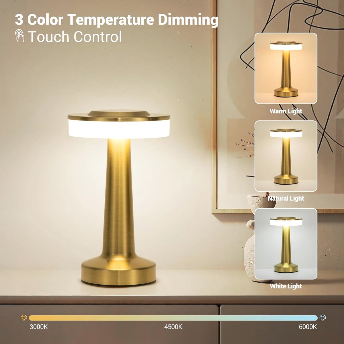 Draadloze gouden tafellamp met aanraaksensor en dimfunctie - Oplaadbare bureaulamp voor slaapkamer — cadeau in Wonen & Interieur - foto 2