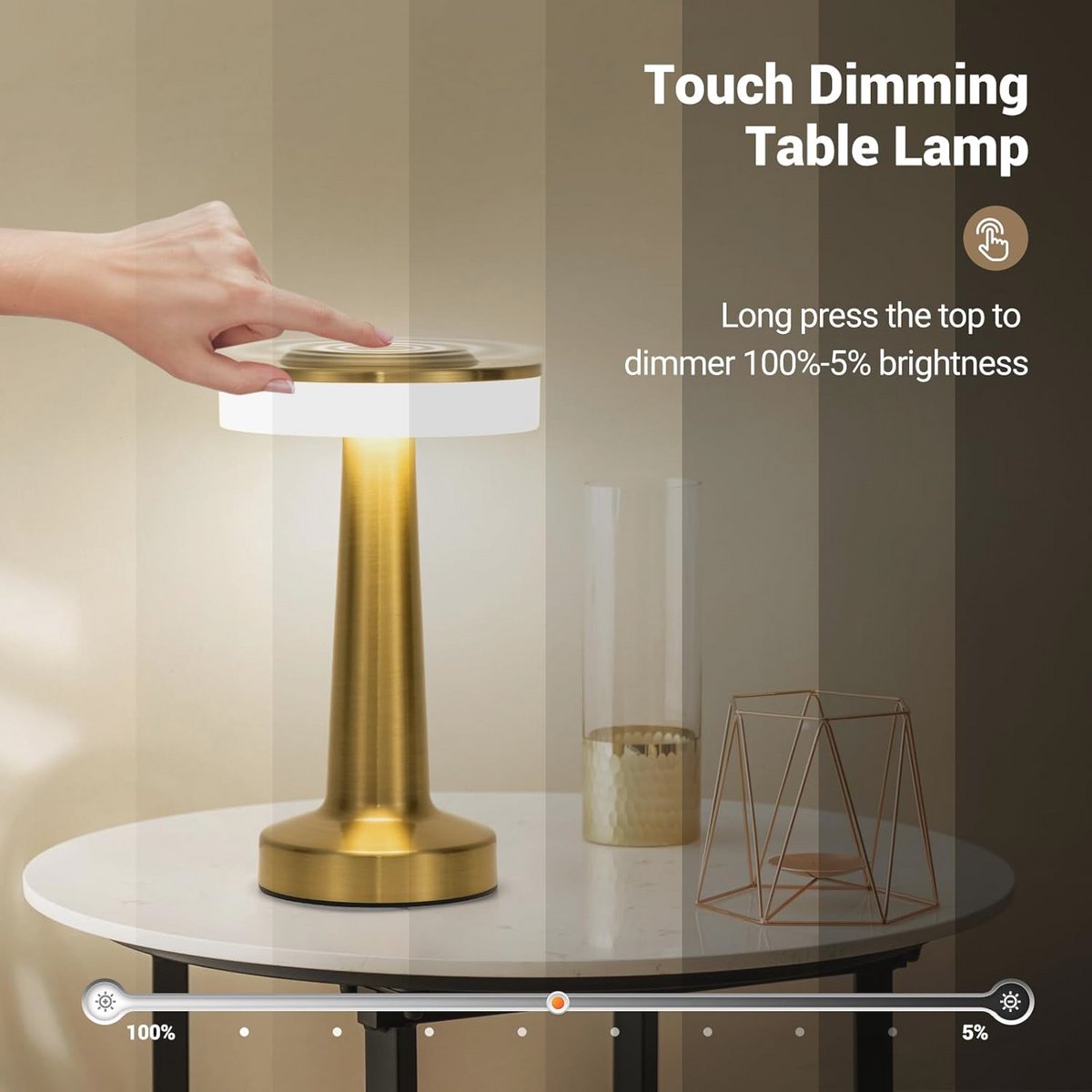 Draadloze gouden tafellamp met aanraaksensor en dimfunctie - Oplaadbare bureaulamp voor slaapkamer — cadeau in Wonen & Interieur - foto 4