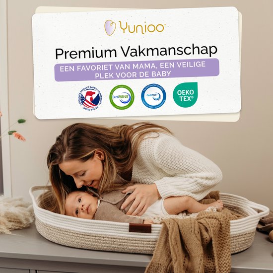 Matelas à langer Yunioo│Panier à langer XL 80cm│Panier Moses avec matelas de haute qualité avec housse hydrofuge et tapis de voyage gratuit│Coton Extra résistant│Conçu aux Pays-Bas│Soutenir une bonne cause│Panier à langer Bébé