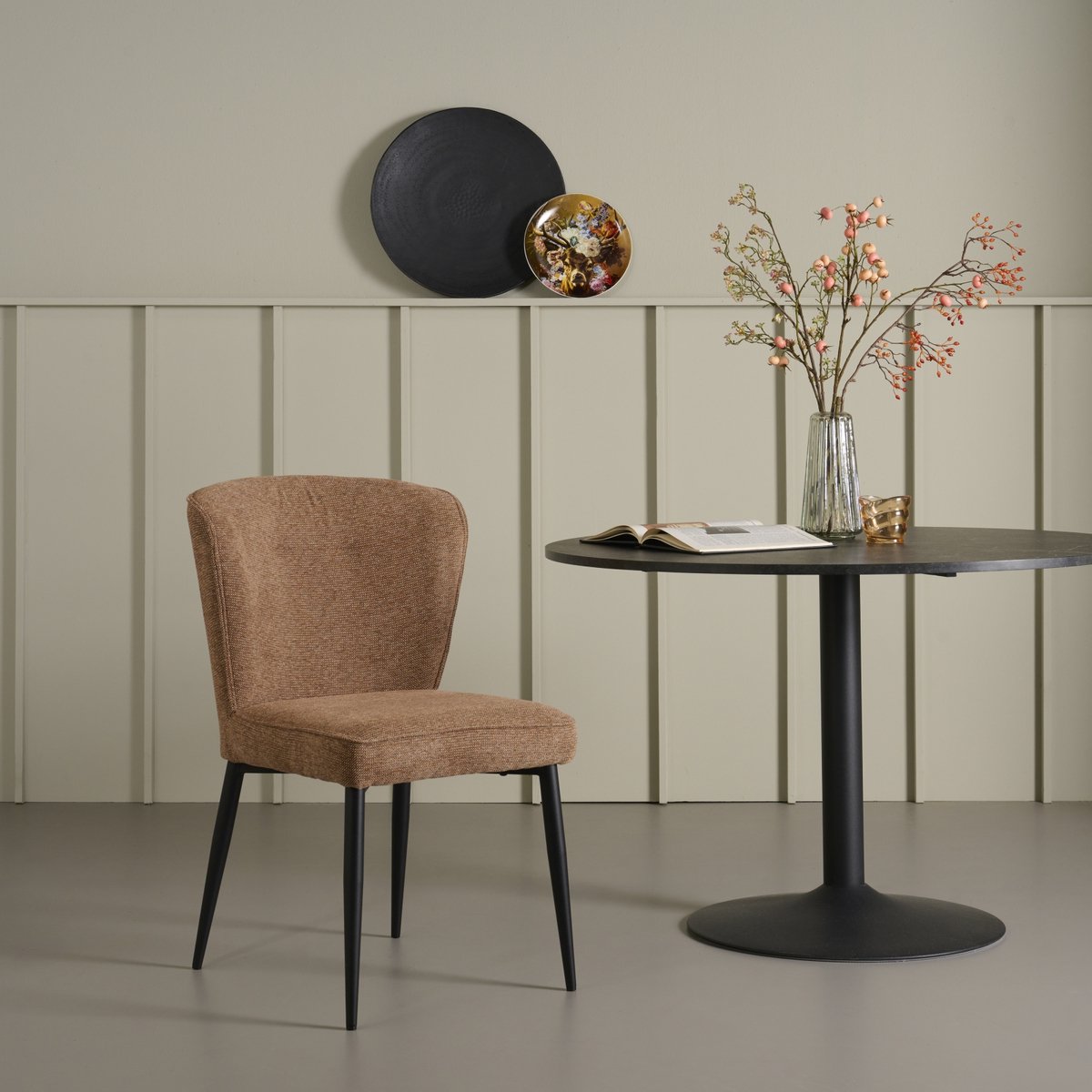 Eetkamerstoel Reva - Textiel / Metaal - Bruin / Zwart - 55x87x63 cm (BxHxD) - Kleur Hazel