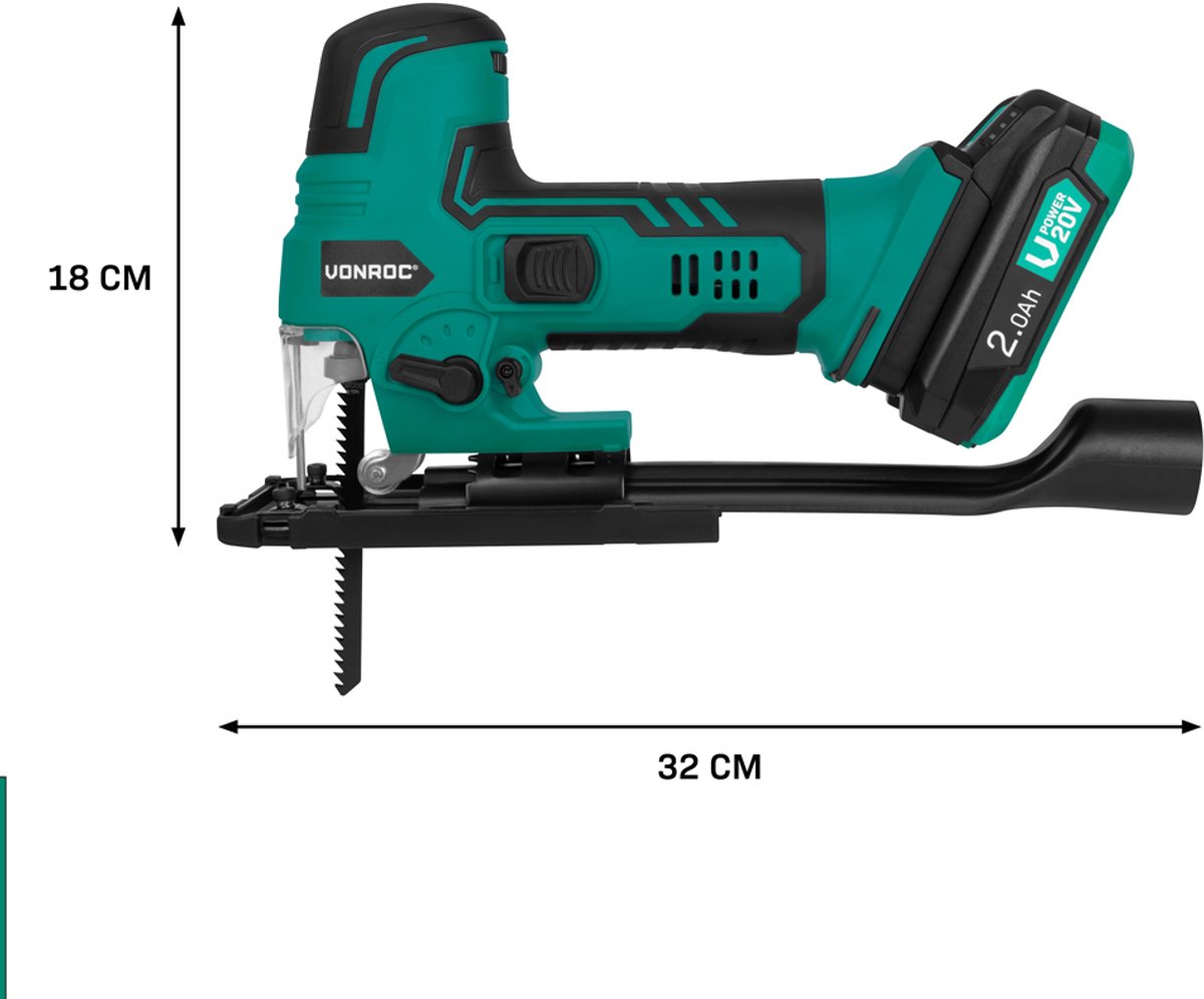 VONROC decoupeerzaag 20V – Ergonomische T-handgreep – Instelbare snelheid, pendelstand & zaaghoek – Incl. twee zaagbladen - Incl. 2x 2.0Ah accu en een snellader – foto 4