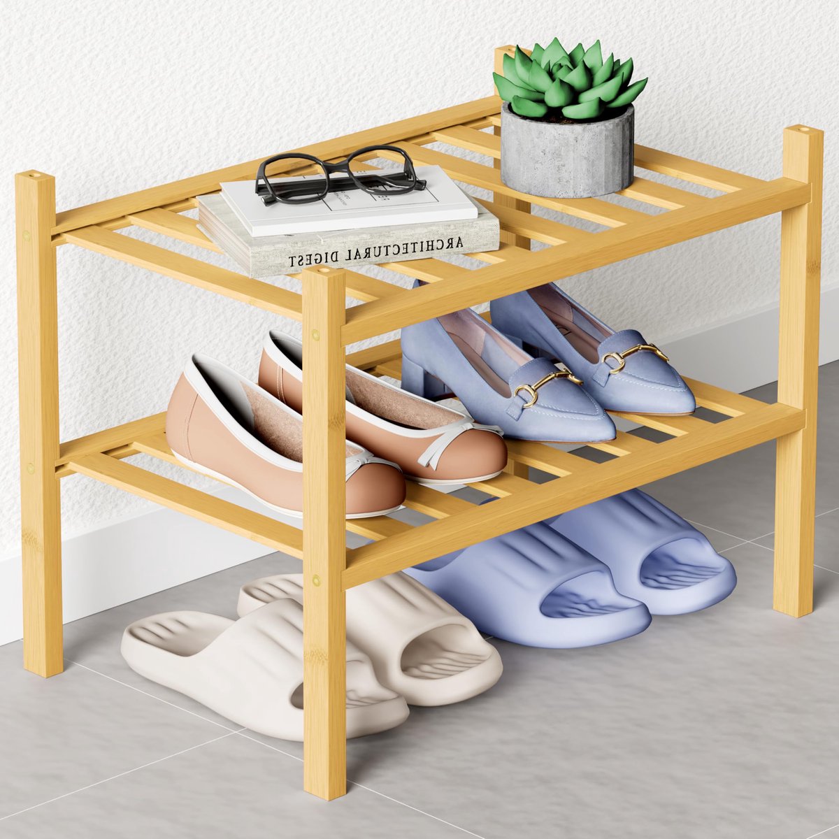 Homaxy Schoenenrek (2 niveaus)-Bamboe Schoenenrek - Voor 9 paar schoenen- 68x28x33cm - Bamboe - Houtkleur