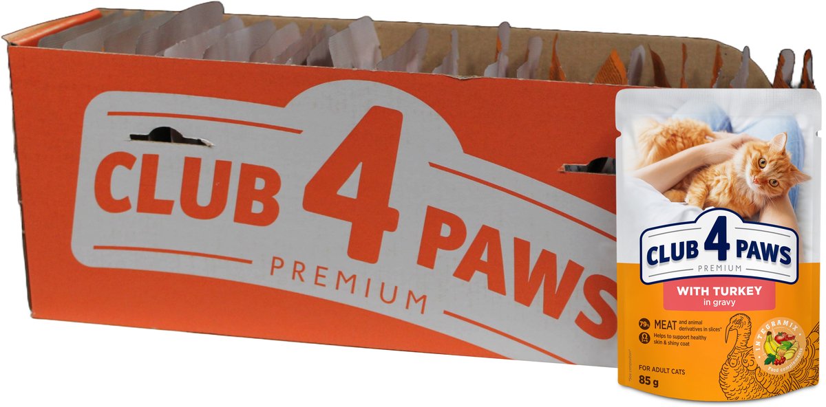 Kattenvoer Club 4 Paws - Kalkoen in Jus - 24x85gr, Compleet Natvoer met Omega 3 & 6