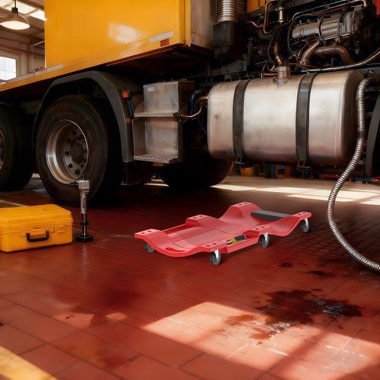 Rode werkplaatscarrosserie met wielen naast een gele gereedschapskist en de onderkant van een vrachtwagen.