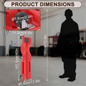 Afmetingen van een rode werkplaatsrolplank, met detail van een wiel en een silhouet van een persoon.