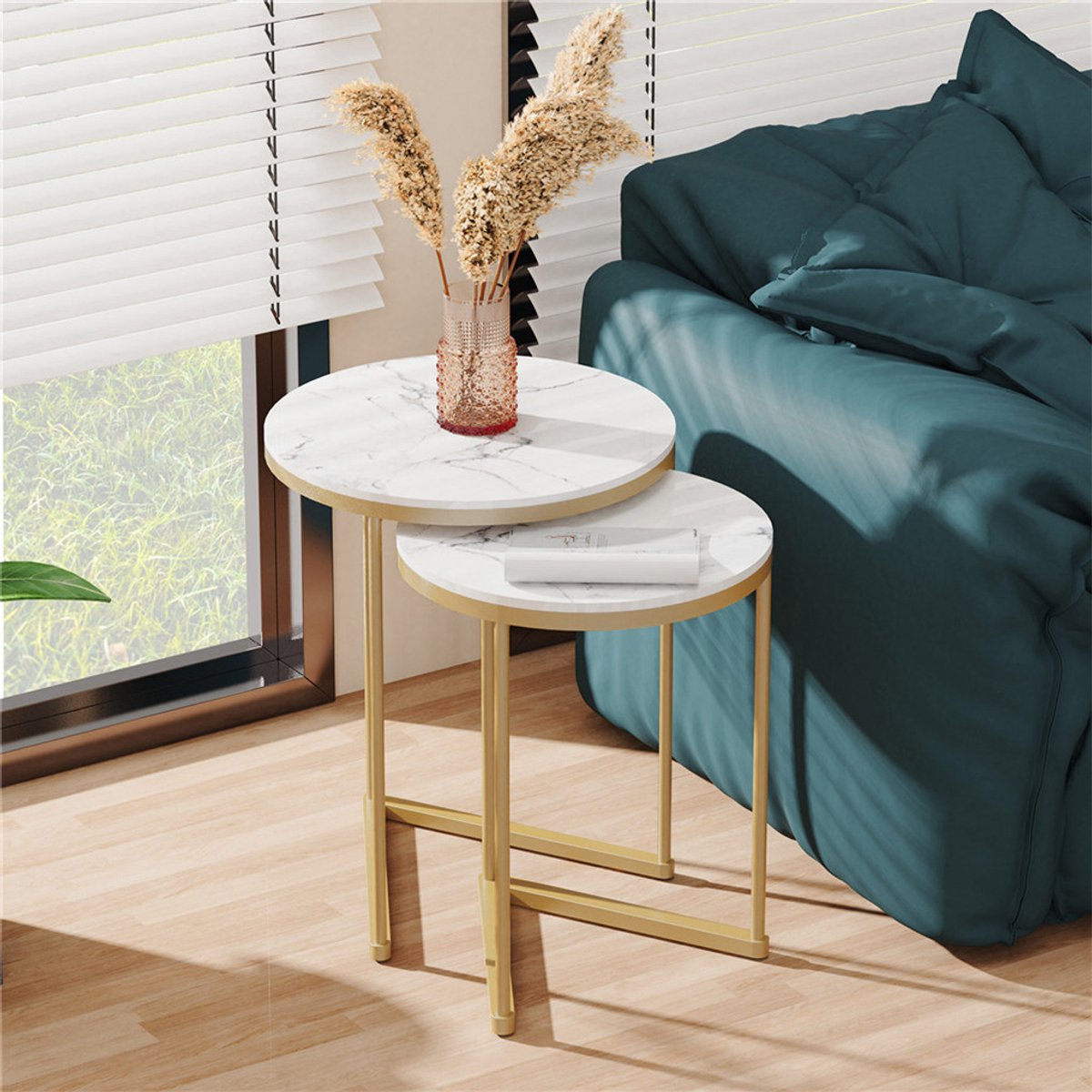 FATIVO Bijzettafels - Set van 2 - Rond - Wit Koffietafel Marmer - stapelbare Bijzettafels - Gouden metalen frame - ideaal voor woonkamer, Slaapkamer, kantoor