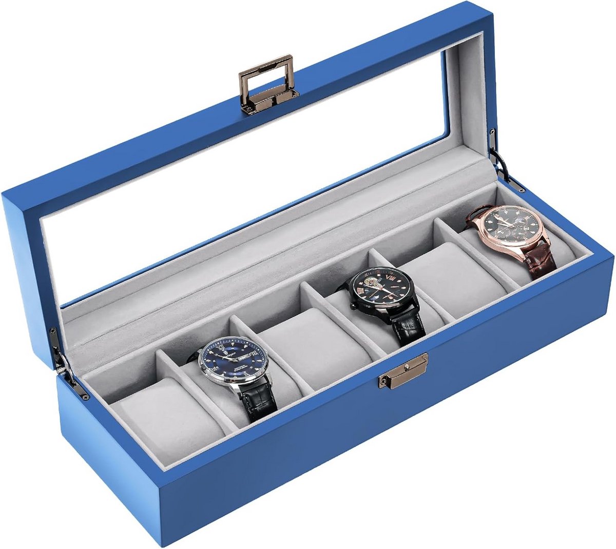 Houten horlogekist 6 vakken met glazen deksel