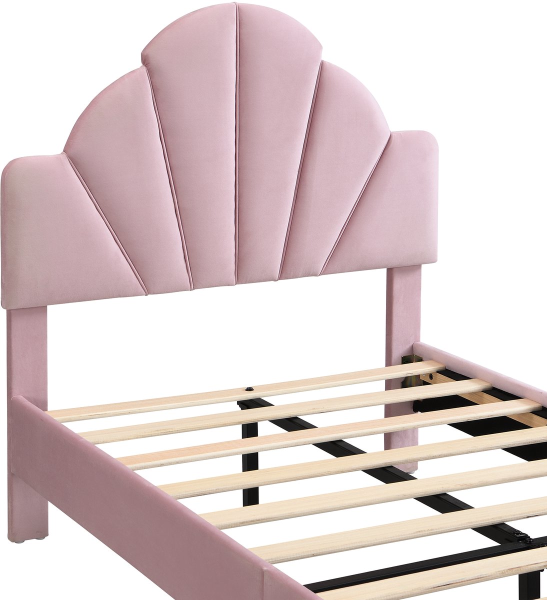 Gestoffeerd bed, eenpersoonsbed, fluwelen hoofdbord, met bijpassende bedbank, zachte, schokabsorberende rand van spons, stevig bedframe, fluweel + multiplex, roze, 90x200cm