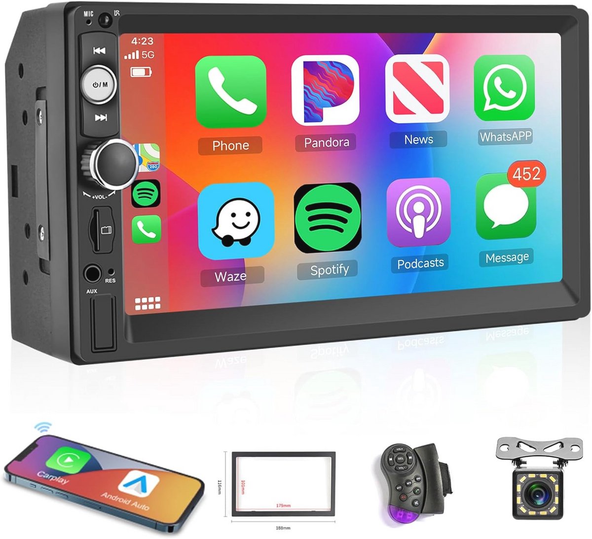 2 Din Autoradio met Draadloze Carplay en Android Auto - 7 Inch HD Scherm, Bluetooth, FM Radio, Mirror Link, Achteruitrijcamera