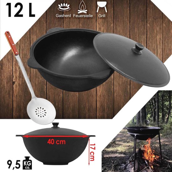 Traditionele Gietijzeren Kazan 12L met Aluminium Deksel en Schuimspaan - Perfect voor Buiten Koken en Grillen — afbeelding 2