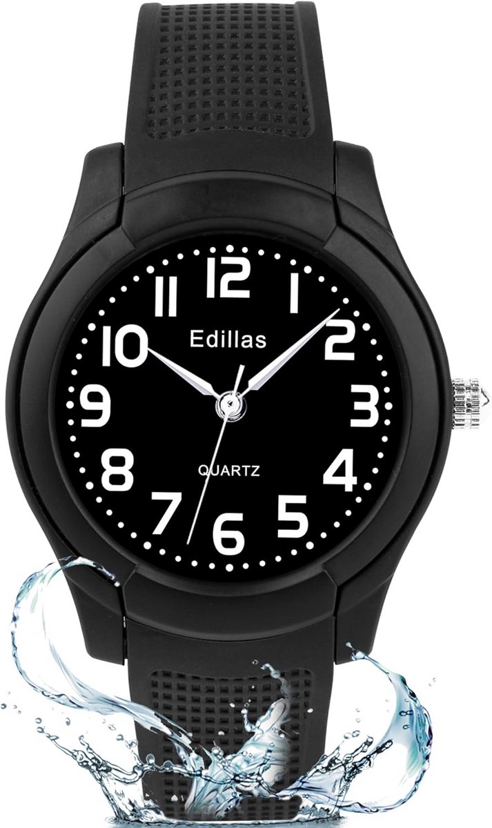 Kinderhorloge Analoge Tijdschool Waterdicht Zacht Leren Band Zwart