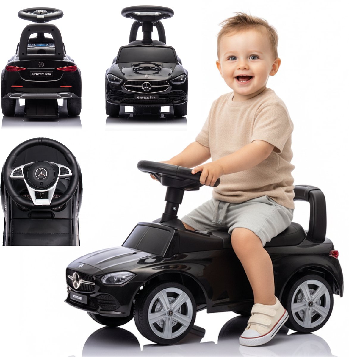 Mercedes C-Class Kindervoertuig, Loopauto met Claxon, ride on, babyauto, loopstoeltje met claxon en motorgeluiden, max 25 kg (Zwart)