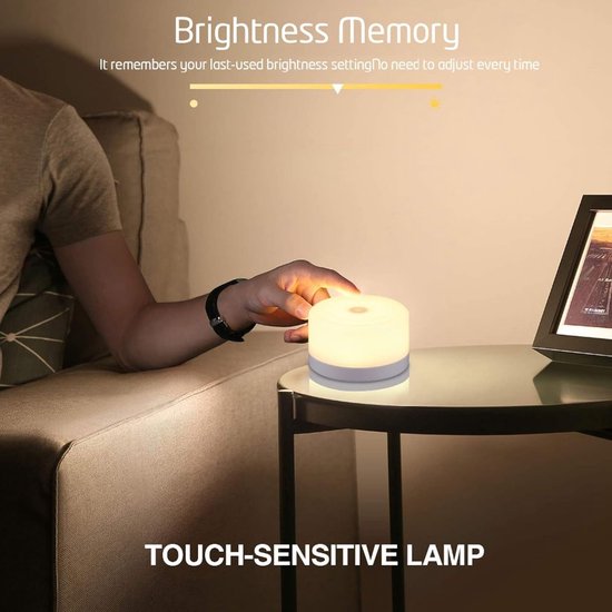Nachtlampje - Aanraaksensorlampje - Tafellamp - Bedlamp - LED-lampje - USB-oplaadbaar - Warm licht - Dimbaar - Geschikt voor slaapkamer - woonkamer - kinderkamer - Wit - 8*8*4,5cm — afbeelding 5