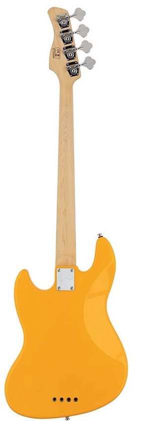 Achterkant van een oranje elektrische basgitaar met een lichte houten hals en zilveren plaat.