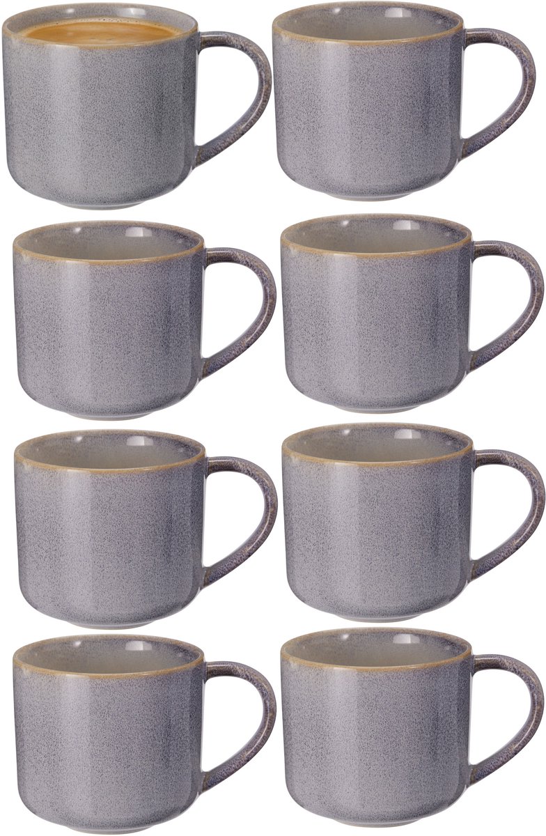 Excellent Houseware Koffiemok/theemok - set 8x - Rustic - blauw - 330 ml - mokken - keramiek