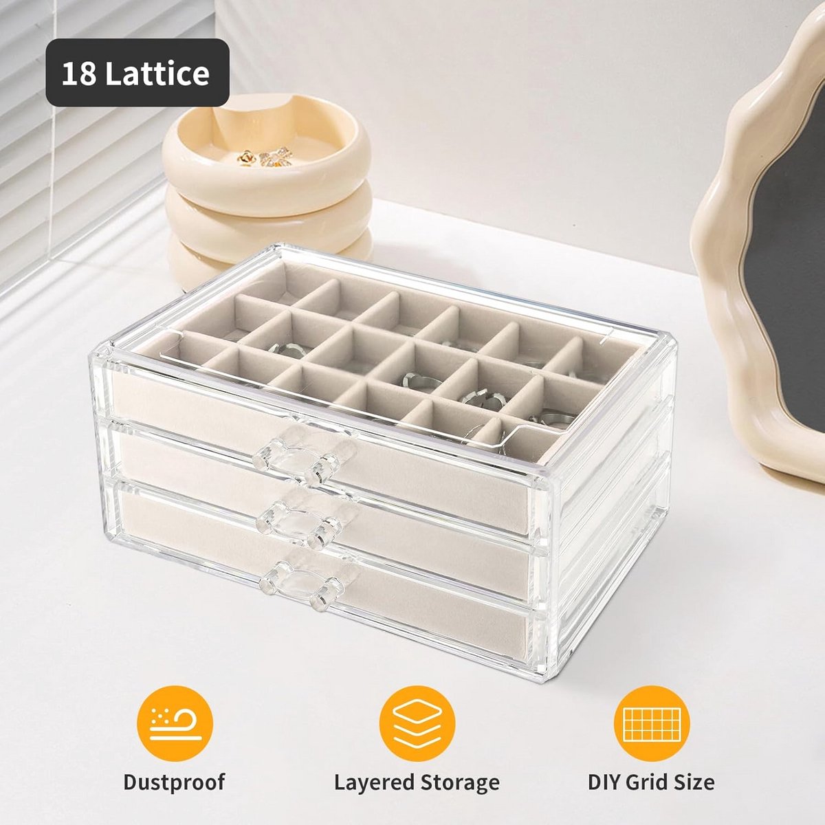 Acryl Sieradenbox voor Dames met 3 Laden - Luxe Organisator voor Oorbellen, Ringen, Kettingen en Armbanden - Grijze Sieradenopslag
