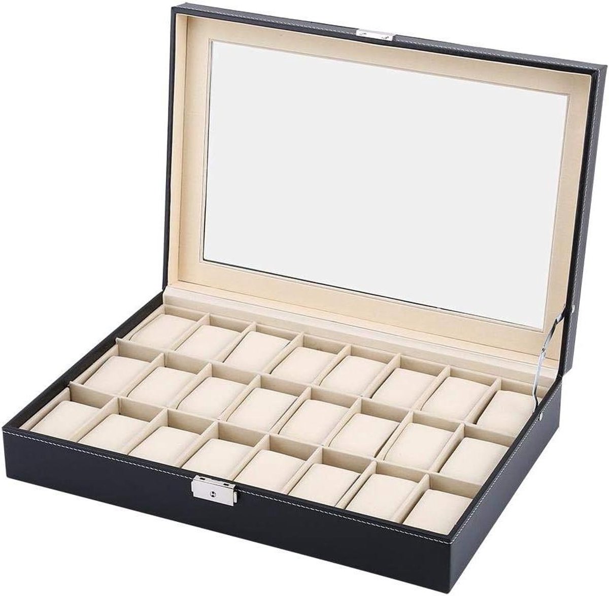 Allecta - Horlogebox 24 horloges PU-lederen opbergtas voor heren - zwart met deksel.