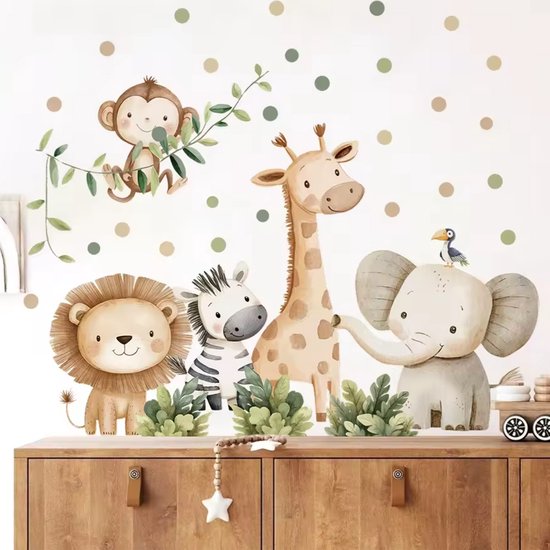Muursticker 'Jungle Vriendjes & Slingeraap' - 77x67cm - Zelfklevende PVC Sticker - Leeuw Zebra Giraffe Olifant - Babykamer - Kinderkamer - Wand Decoratie Kind