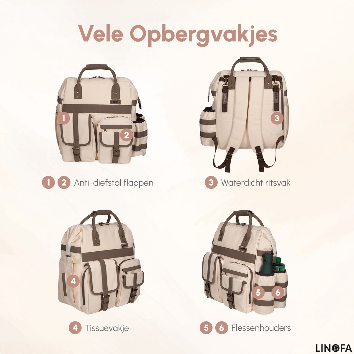 Linofa® Lily Luiertas – 4-in-1 Buggytas, Rugzak & Verzorgingstas – 25L – Beige – Incl. Verschoonmat – Kraamcadeau – foto 8
