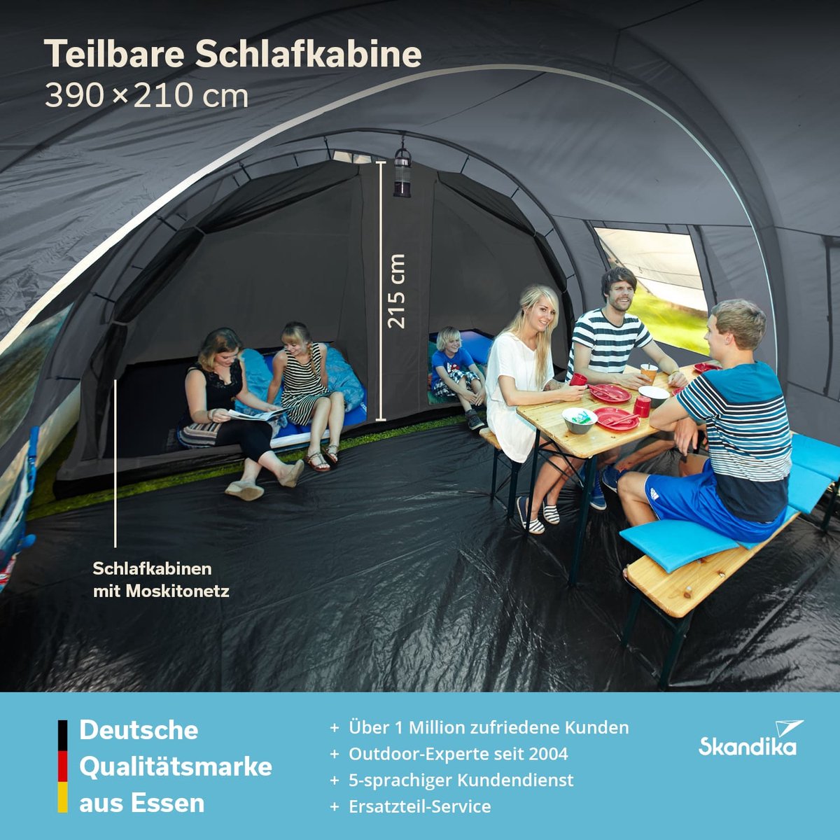 Skandika Helsinki Tent – Tenten – Familietent - Campingtent – Voor 6 personen – Tunneltent – 215 cm stahoogte - Muggengaas – 2 slaapcabines – 525 x 410 x 215 cm (L x B x H) - 5000 mm waterkolom – Outdoor, Camping, Tuin – Kamperen – grijs/oranje – foto 5