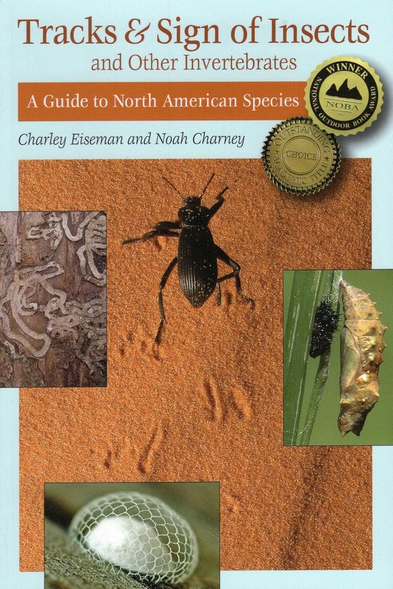 Boekomslag 'Tracks & Sign of Insects' met foto's van een kever, een cocon en insectensporen op zand en schors.