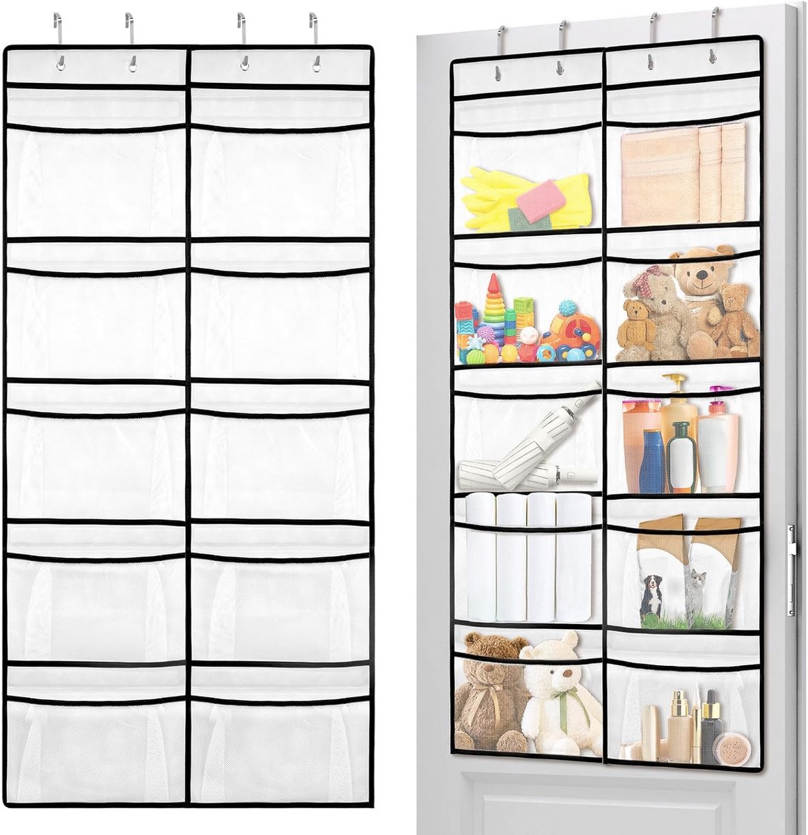 Hangorganizer voor over deur of wand, 10 netvakken + 4 kleefhaken, opvouwbaar