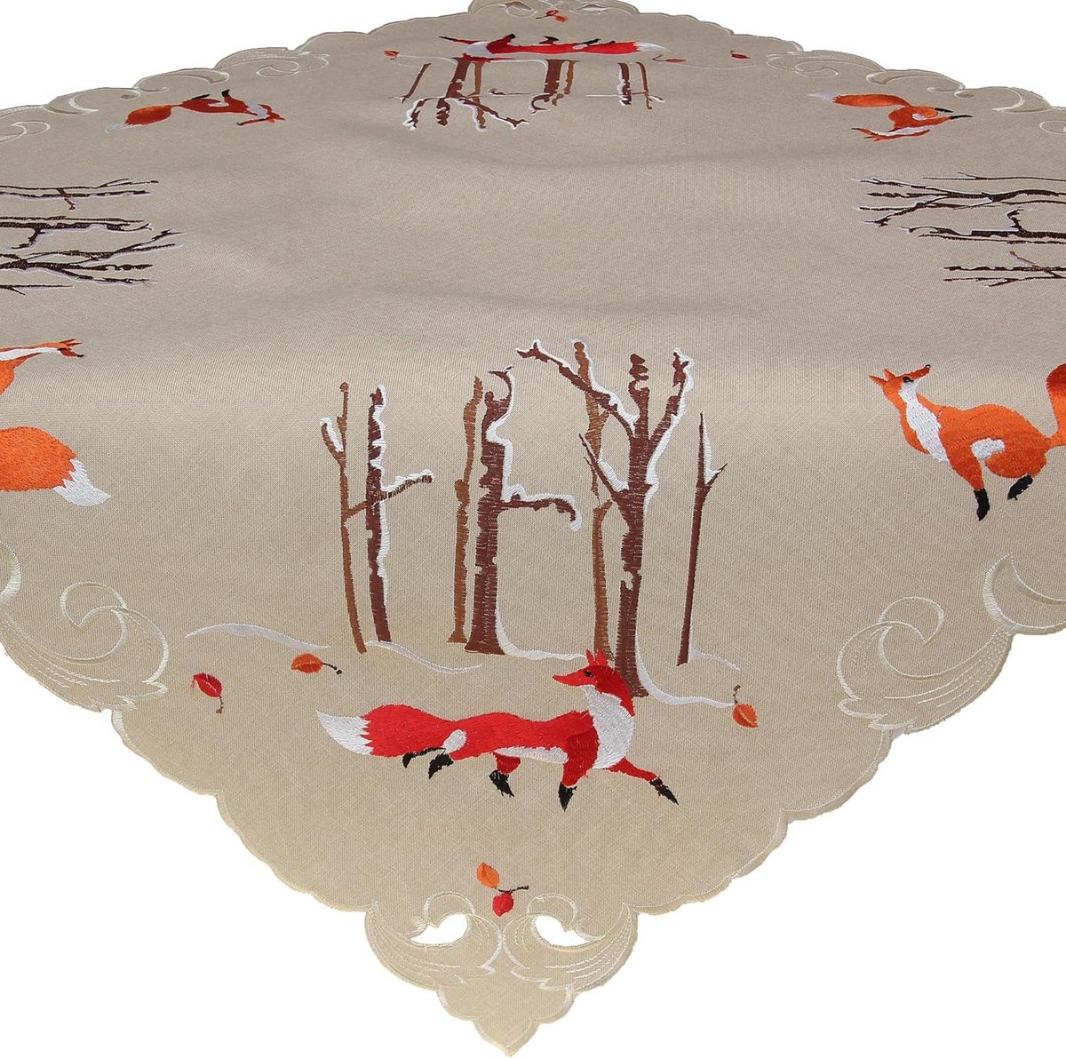 Tafelkleed 85 x 85 cm beige linnen look met borduurwerk van een vos in het bos