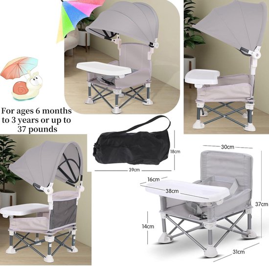 Allecta - Opvouwbare babyverhoger met zonnescherm - Draagbaar en draagbaar - Binnen en buiten - Kinderstoel voor peuters - Voeding en camping van Allecta — afbeelding 5