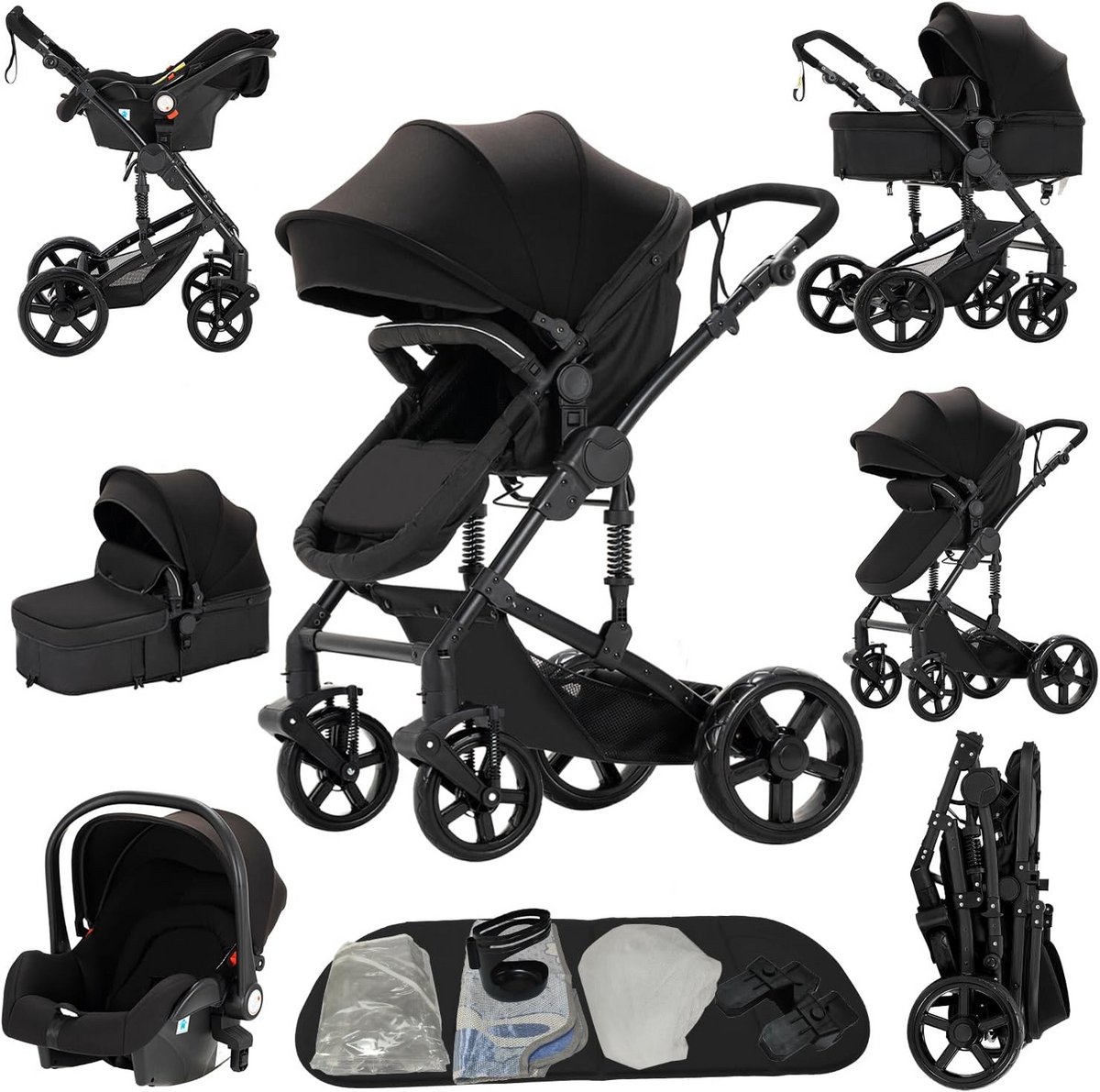 3-in-1 Kinderwagen Set Zwart Inklapbaar met Omkeerbare Stuur en Schokdemping