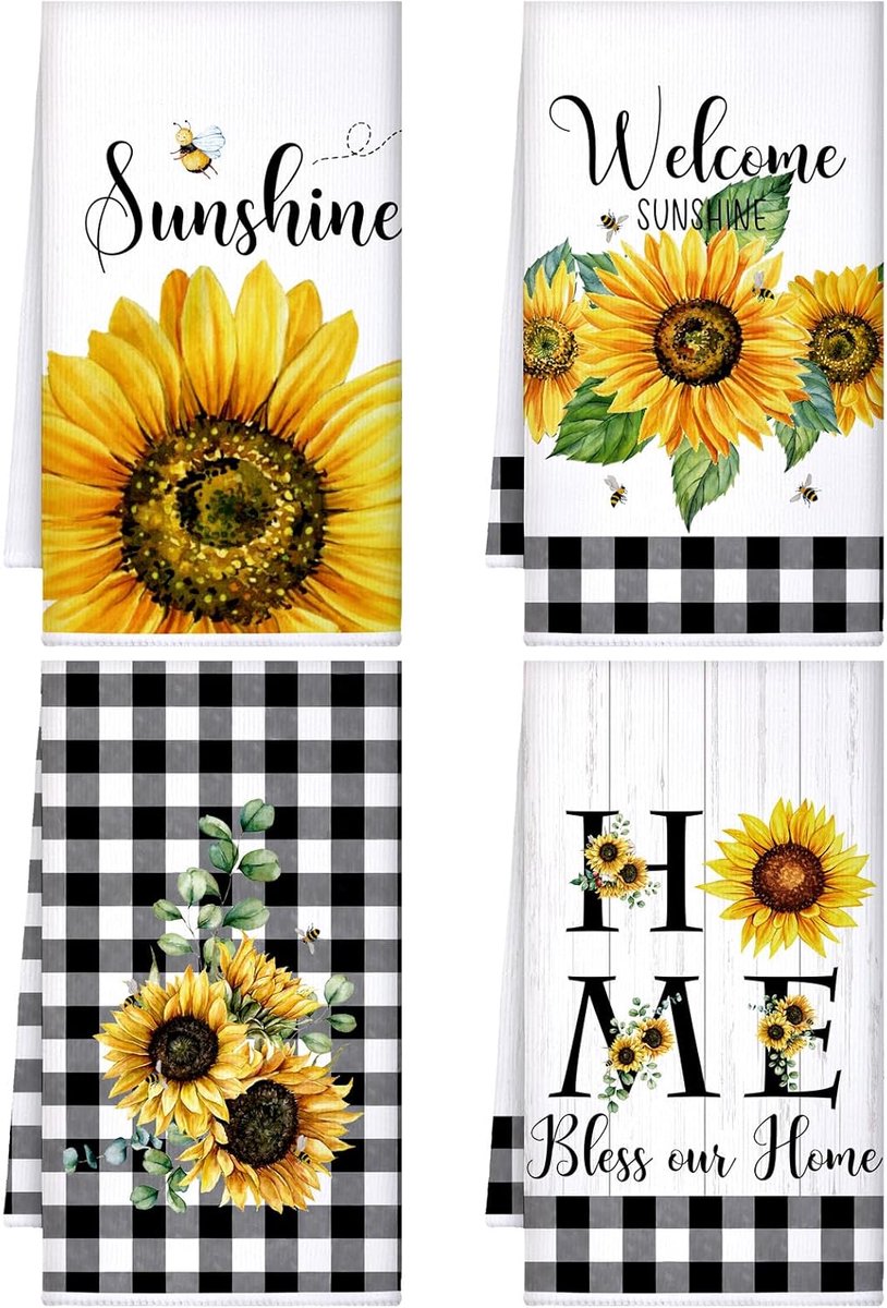Famanu - Set van 4 zonnebloem keukendoeken 45x70 cm, zomers geel design