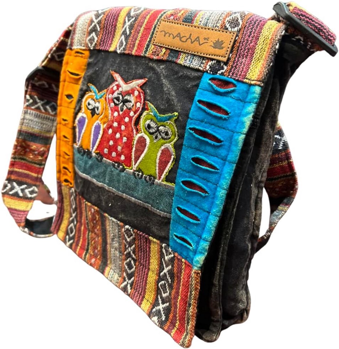 Etnische Schoudertas Dames met Uil, Boho Stijl en Verstelbare Band, Zwart